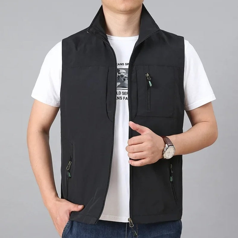 Men's Sleeveless Jacket with Zip and Multiple Pockets