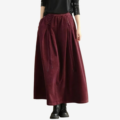Elastic Waist Corduroy Skirt with Lace Detail