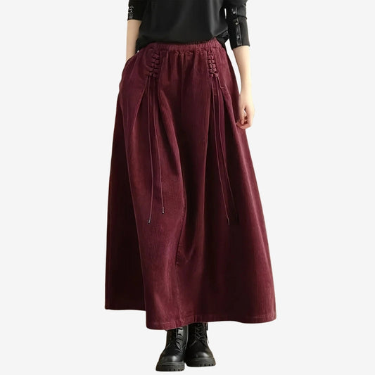 Elastic Waist Corduroy Skirt with Lace Detail