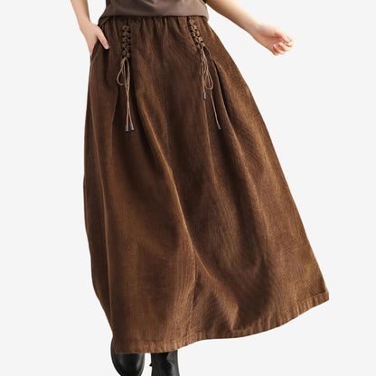 Elastic Waist Corduroy Skirt with Lace Detail