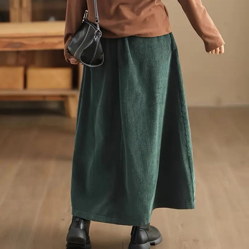 Elastic Waist Corduroy Skirt with Lace Detail