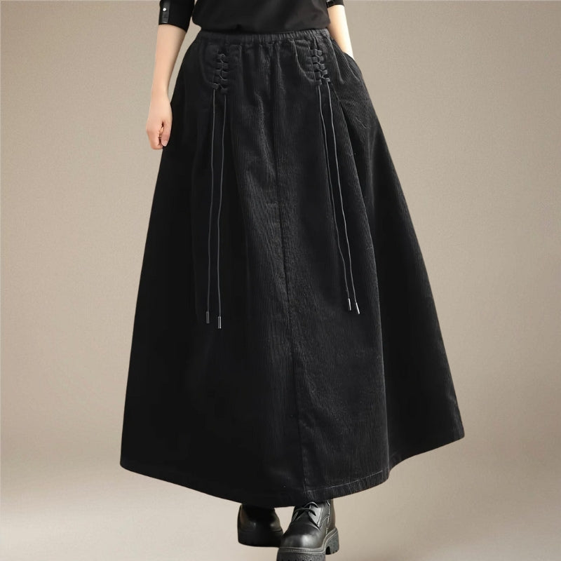 Elastic Waist Corduroy Skirt with Lace Detail