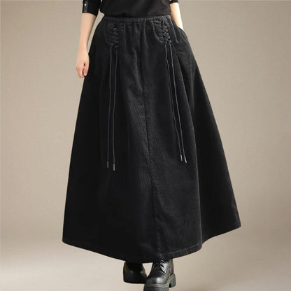 Elastic Waist Corduroy Skirt with Lace Detail