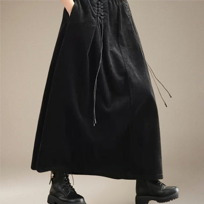 Elastic Waist Corduroy Skirt with Lace Detail