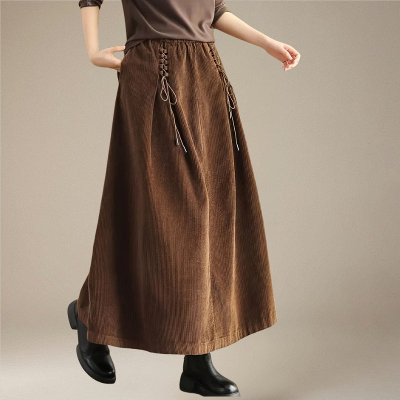 Elastic Waist Corduroy Skirt with Lace Detail