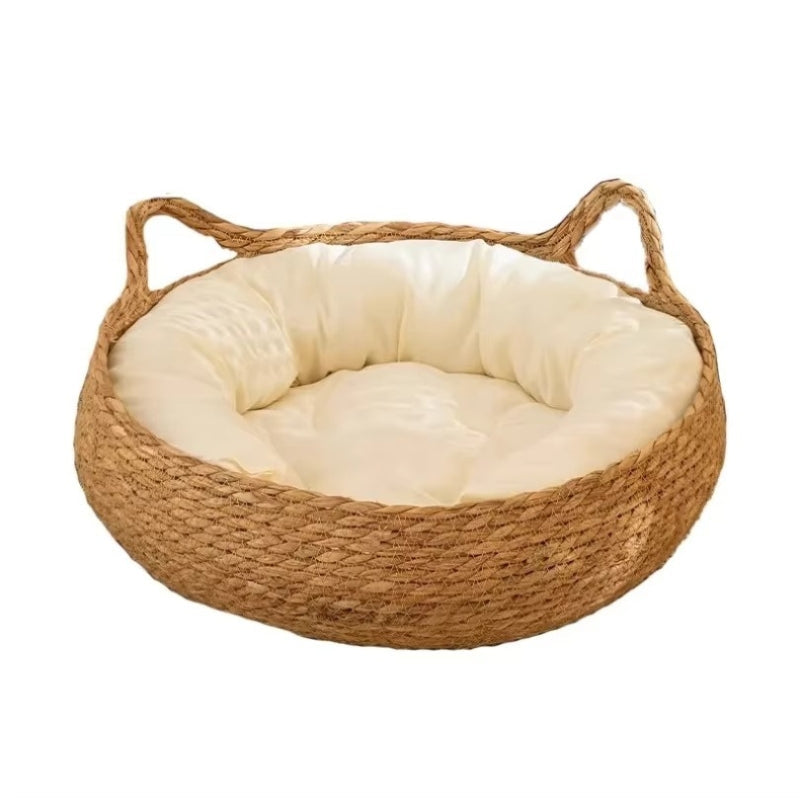 Handwoven Cat Bed with Plush Cushion
