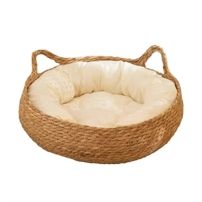 Handwoven Cat Bed with Plush Cushion