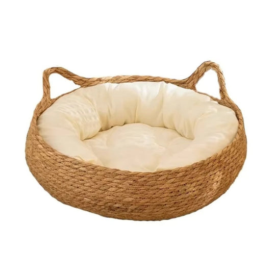 Handwoven Cat Bed with Plush Cushion