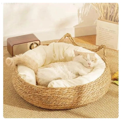 Handwoven Cat Bed with Plush Cushion