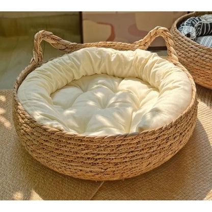Handwoven Cat Bed with Plush Cushion