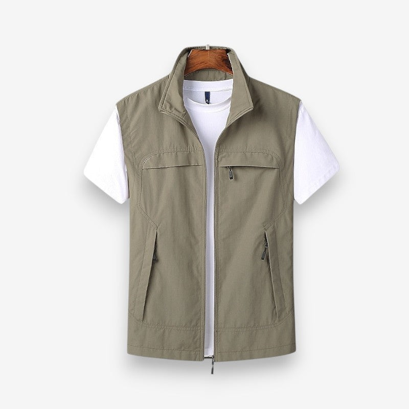Men's Sleeveless Jacket with Zip and Multiple Pockets