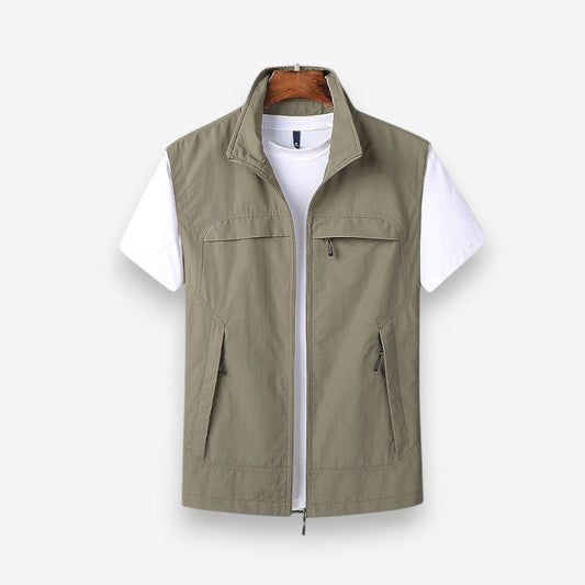 Men's Sleeveless Jacket with Zip and Multiple Pockets