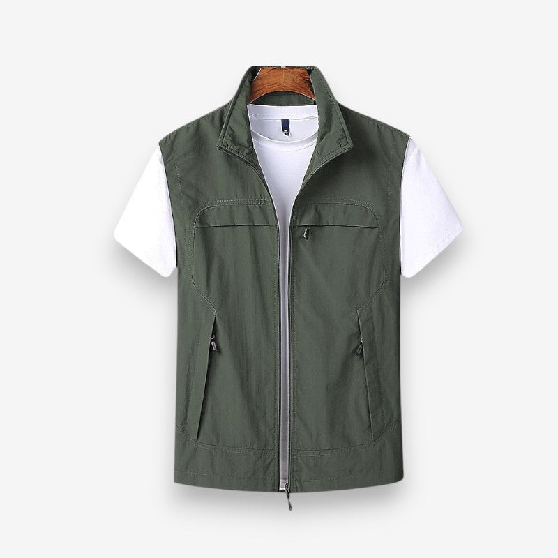 Men's Sleeveless Jacket with Zip and Multiple Pockets