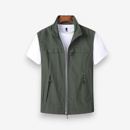Men's Sleeveless Jacket with Zip and Multiple Pockets