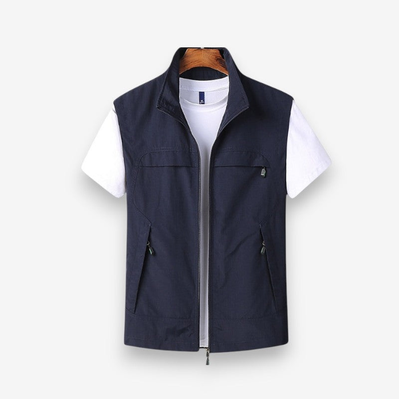 Men's Sleeveless Jacket with Zip and Multiple Pockets