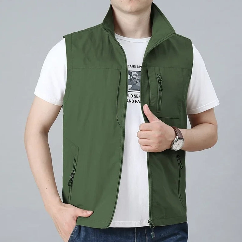 Men's Sleeveless Jacket with Zip and Multiple Pockets