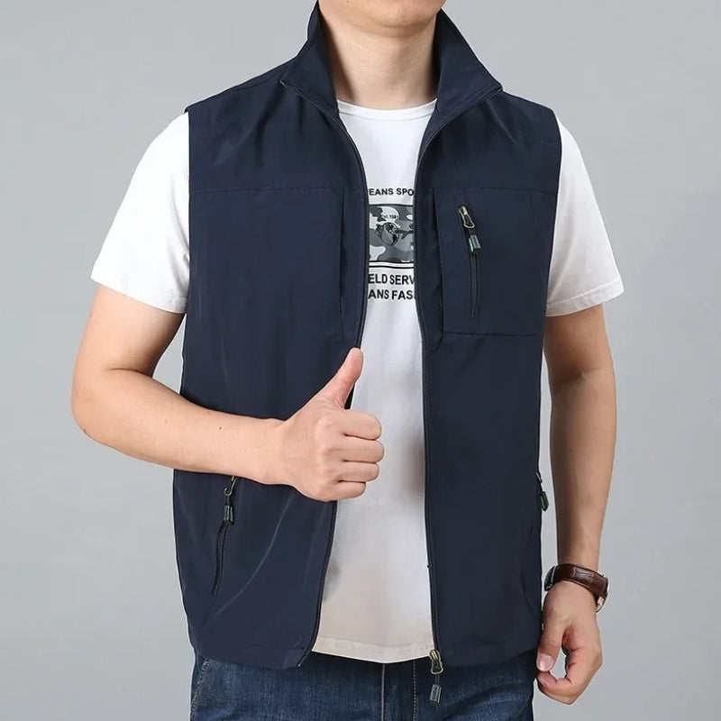 Men's Sleeveless Jacket with Zip and Multiple Pockets