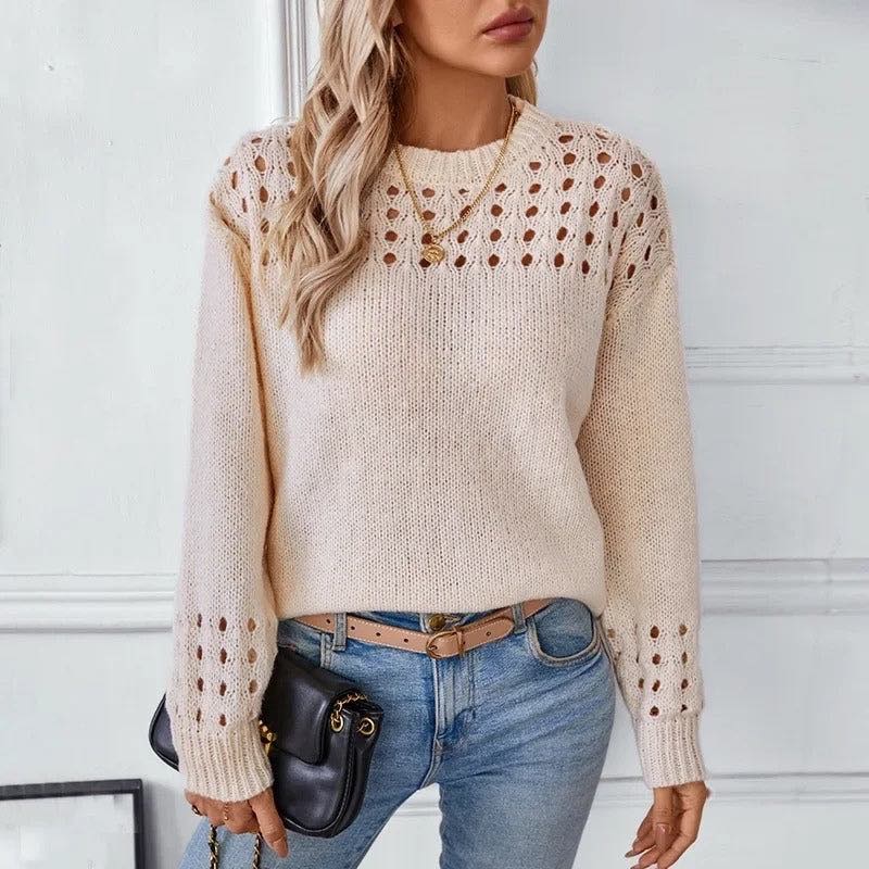 Women's Ribbed Hem Round Neck Knit Sweater