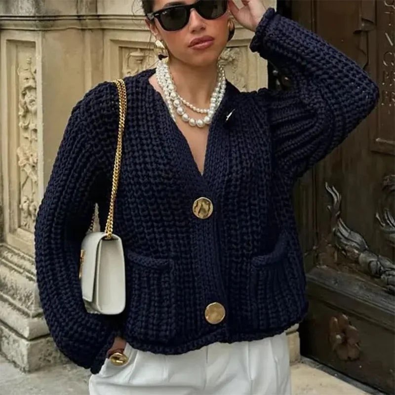 Women's Round Neck Button Front Knit Cardigan