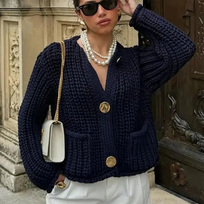 Women's Round Neck Button Front Knit Cardigan