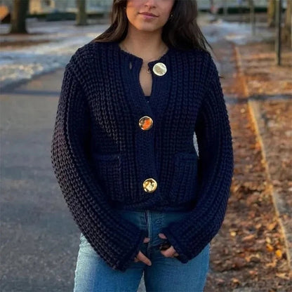 Women's Round Neck Button Front Knit Cardigan